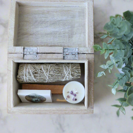 Sacred Home Cleansing Ritual Set – Sage, Palo Santo, Amethyst Candle, Matches