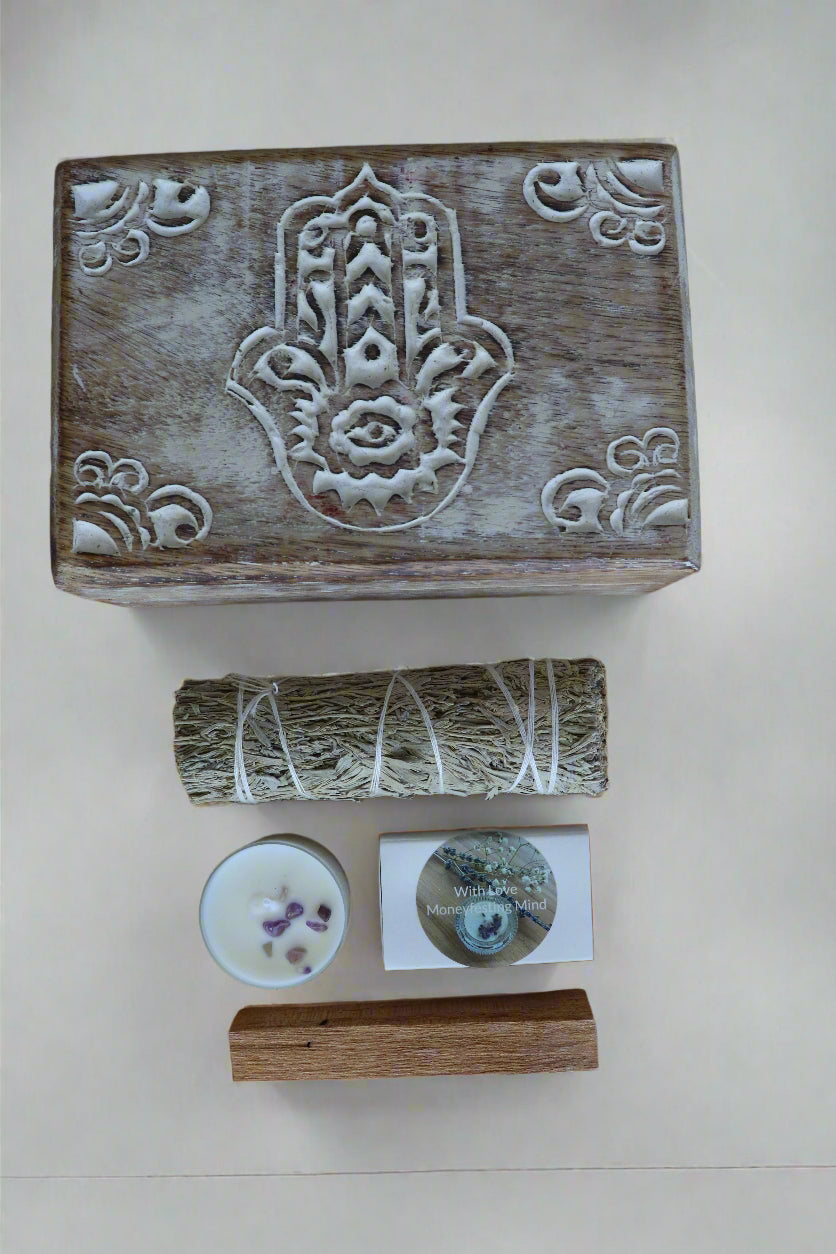 Sacred Home Cleansing Ritual Set – Sage, Palo Santo, Amethyst Candle, Matches